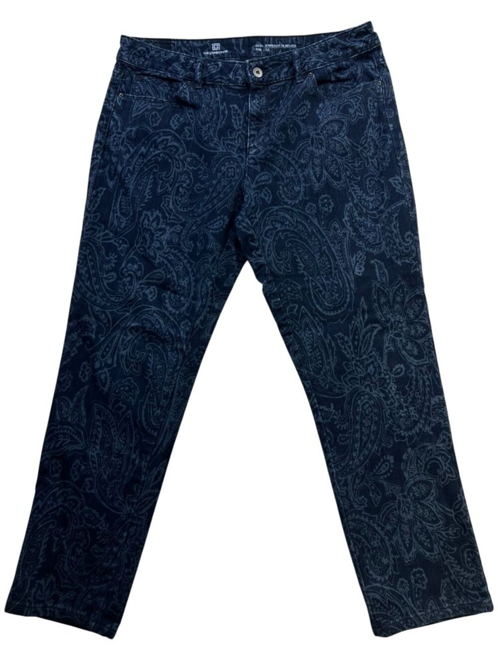 Liz Claiborne Women's Stretch Slim Leg Jeans Size 12 Dark Blue Paisley Floral